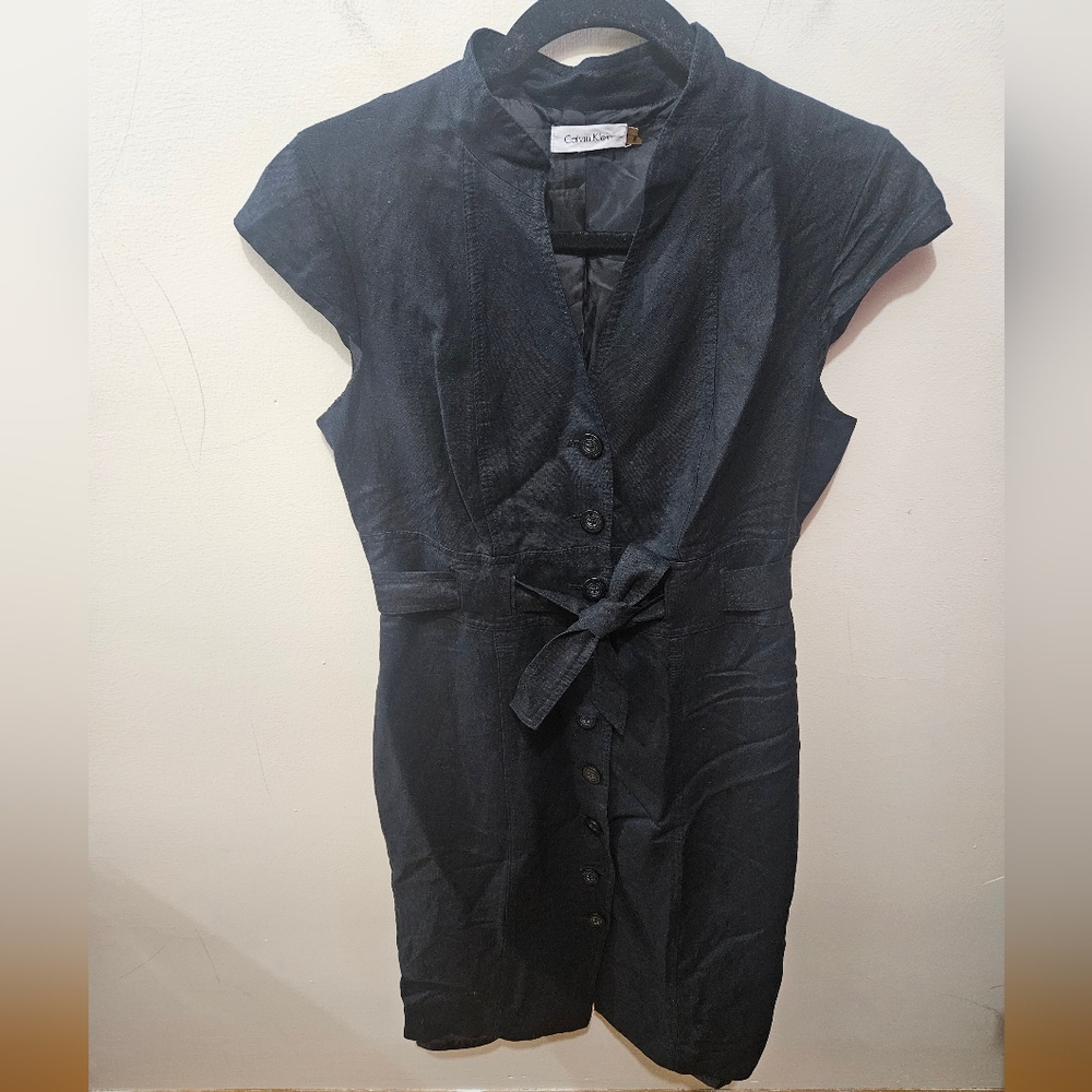 Calvin Klein Black Button Front Tie Linen Lined Career Office Vneck Midi Dress 8